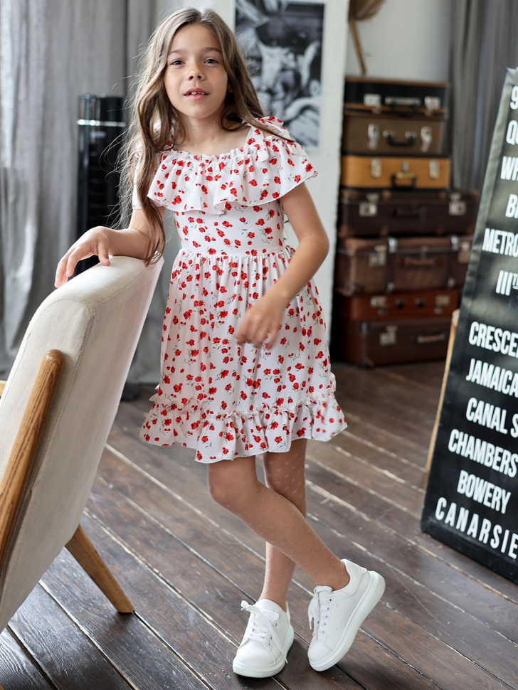 Платье для девочки вискоза БУШОН ST65, цвет белый/красный маки