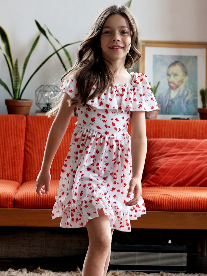 Платье для девочки вискоза БУШОН ST65, цвет белый/красный маки