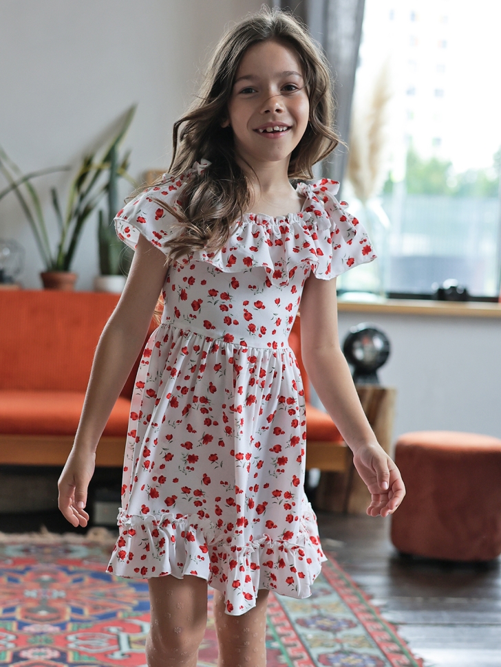 Платье для девочки вискоза БУШОН ST65, цвет белый/красный маки