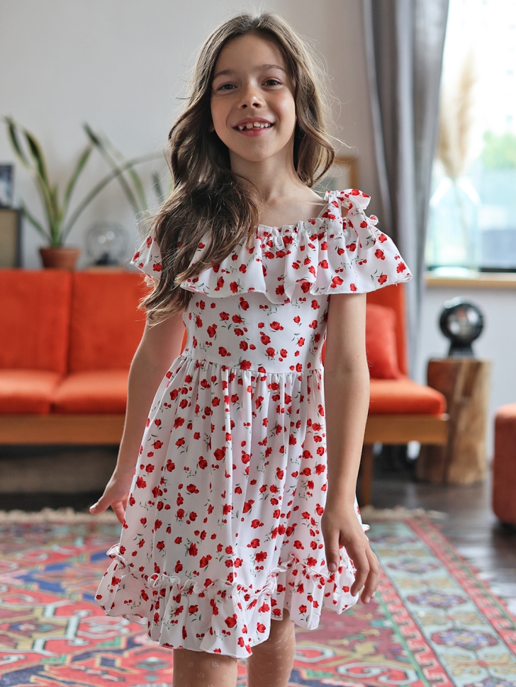 Платье для девочки вискоза БУШОН ST65, цвет белый/красный маки