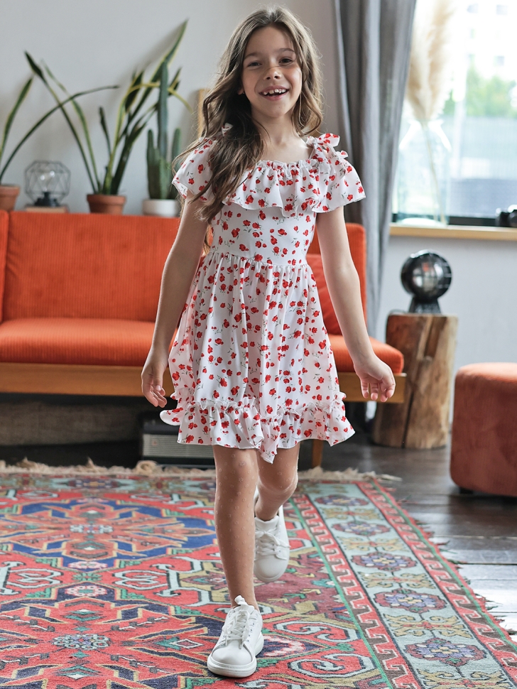 Платье для девочки вискоза БУШОН ST65, цвет белый/красный маки