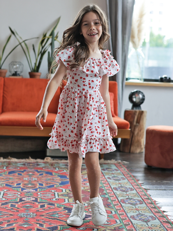 Платье для девочки вискоза БУШОН ST65, цвет белый/красный маки