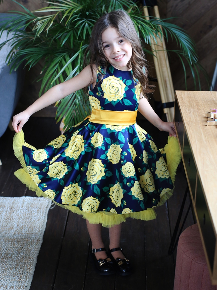 Платье для девочки нарядное БУШОН ST30, стиляги цвет зеленый/желтый, принт цветы