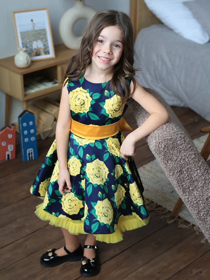 Платье для девочки нарядное БУШОН ST30, стиляги цвет зеленый/желтый, принт цветы