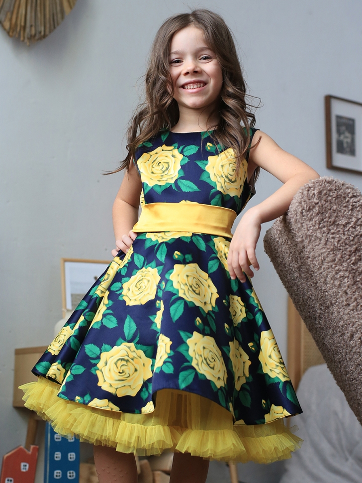 Платье для девочки нарядное БУШОН ST30, стиляги цвет зеленый/желтый, принт цветы