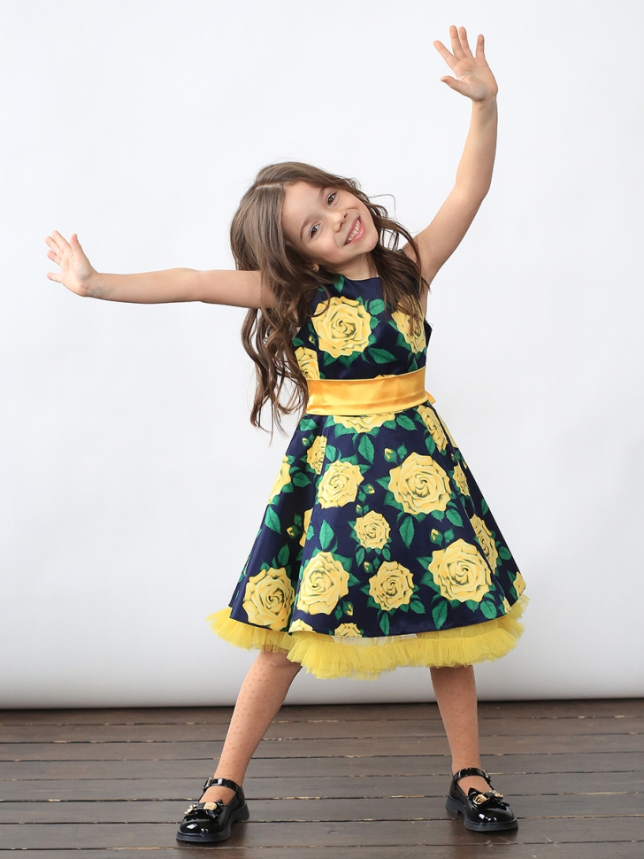 Платье для девочки нарядное БУШОН ST30, стиляги цвет зеленый/желтый, принт цветы