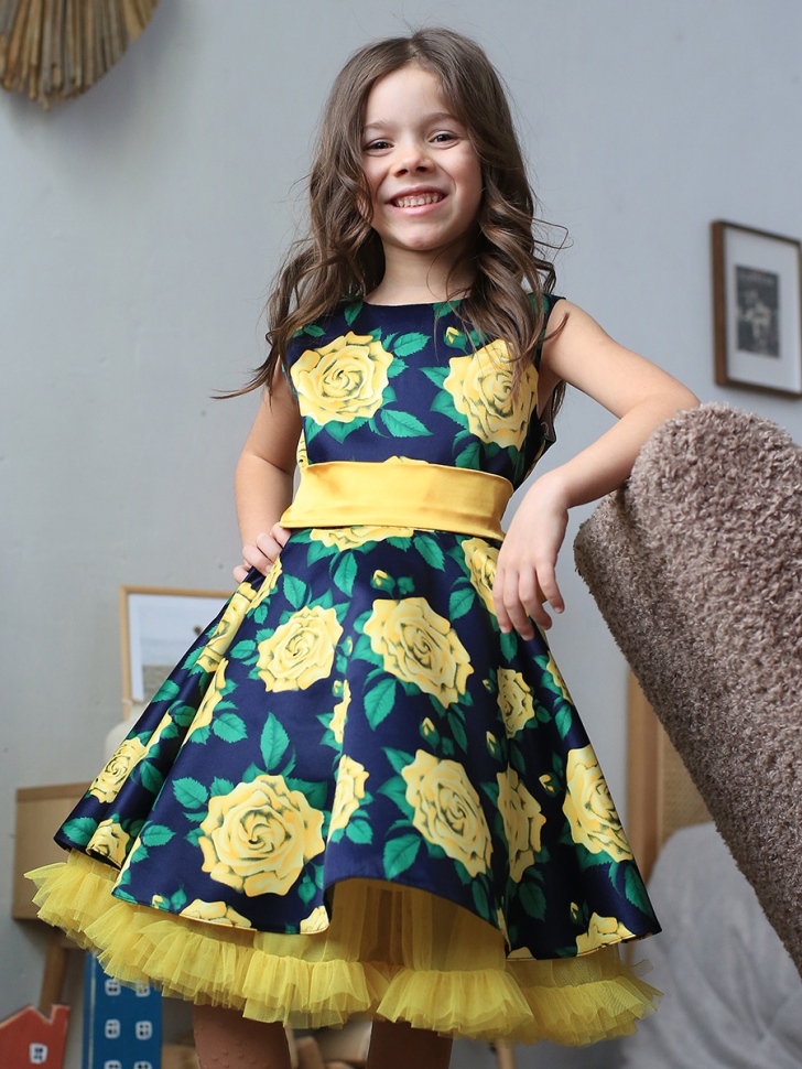 Платье для девочки нарядное БУШОН ST30, стиляги цвет зеленый/желтый, принт цветы