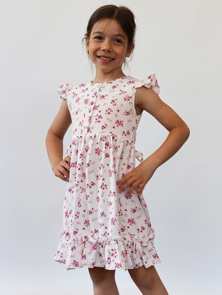 Платье для девочки вискоза БУШОН ST66, цвет белый/фуксия цветы 
