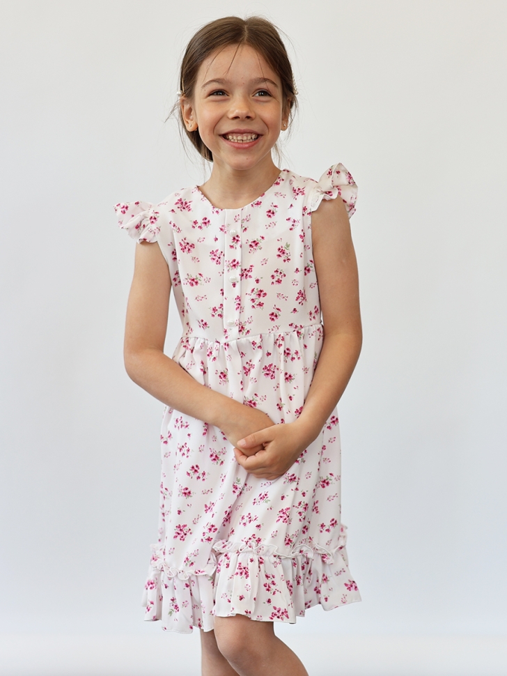 Платье для девочки вискоза БУШОН ST66, цвет белый/фуксия цветы 