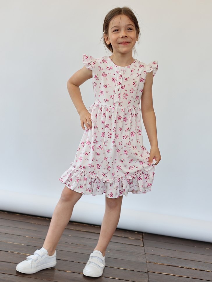 Платье для девочки вискоза БУШОН ST66, цвет белый/фуксия цветы 