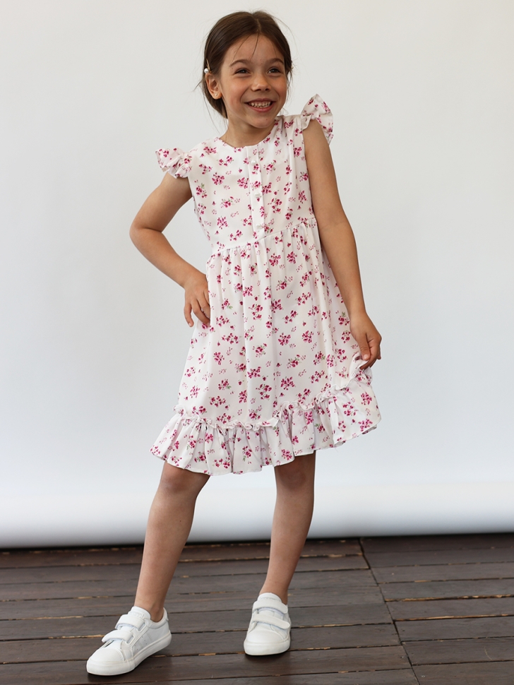 Платье для девочки вискоза БУШОН ST66, цвет белый/фуксия цветы 
