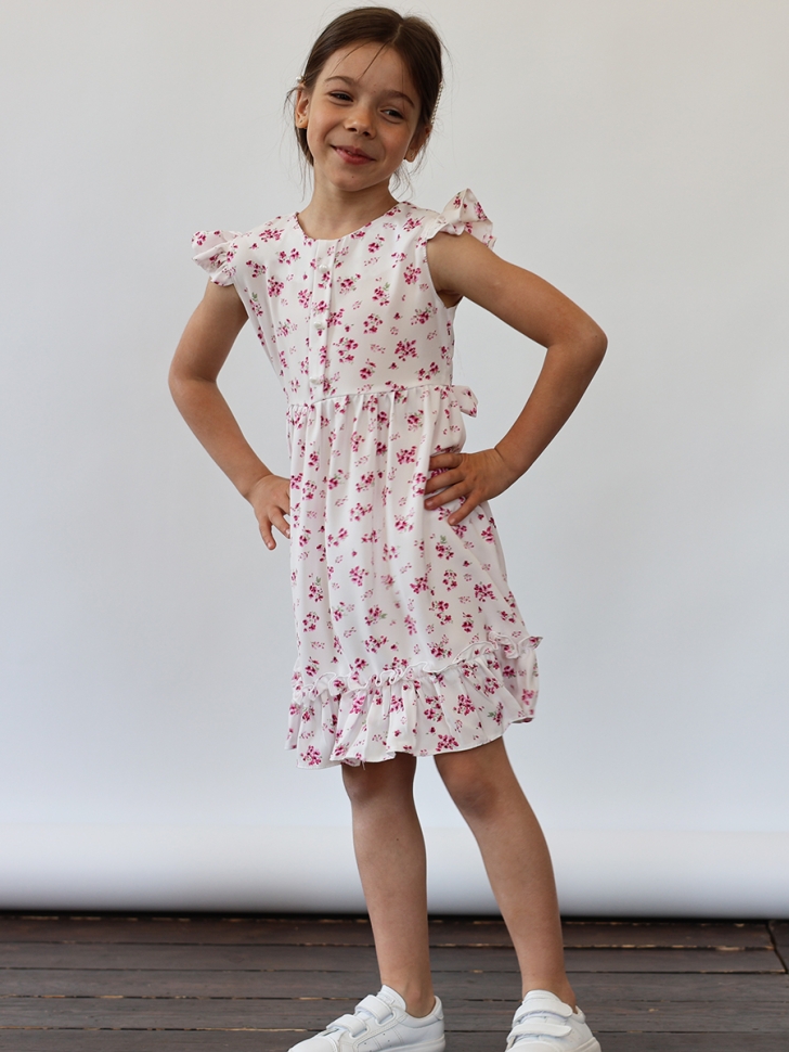 Платье для девочки вискоза БУШОН ST66, цвет белый/фуксия цветы 