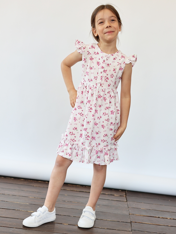 Платье для девочки вискоза БУШОН ST66, цвет белый/фуксия цветы 