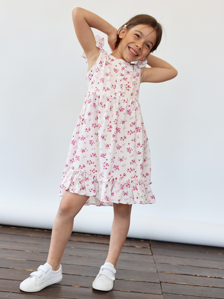 Платье для девочки вискоза БУШОН ST66, цвет белый/фуксия цветы 