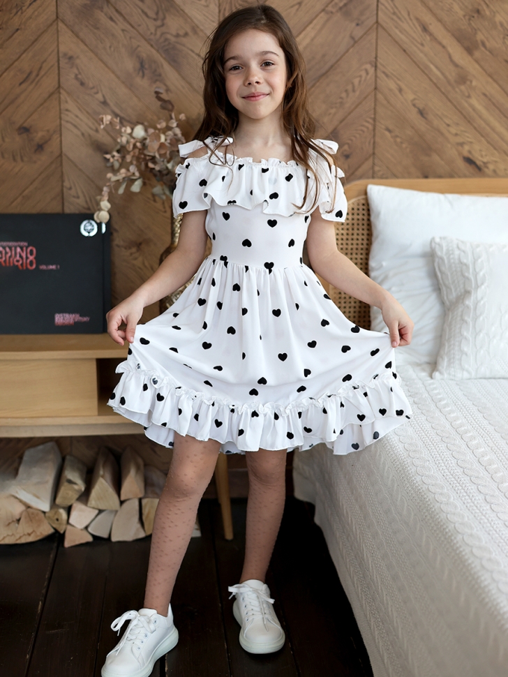 Платье для девочки вискоза БУШОН ST65, цвет белый/черный сердце