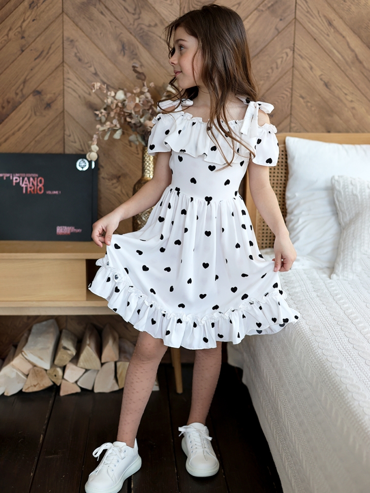 Платье для девочки вискоза БУШОН ST65, цвет белый/черный сердце