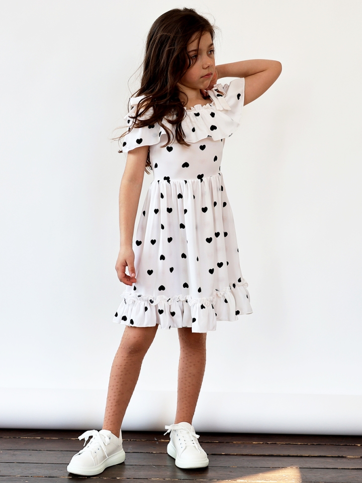Платье для девочки вискоза БУШОН ST65, цвет белый/черный сердце