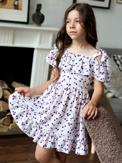 Платье для девочки вискоза БУШОН ST65, цвет белый/сирень цветы