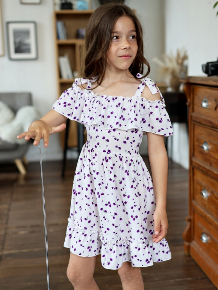 Платье для девочки вискоза БУШОН ST65, цвет белый/сирень цветы
