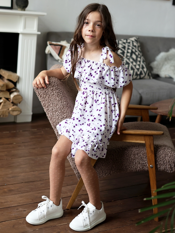 Платье для девочки вискоза БУШОН ST65, цвет белый/сирень цветы