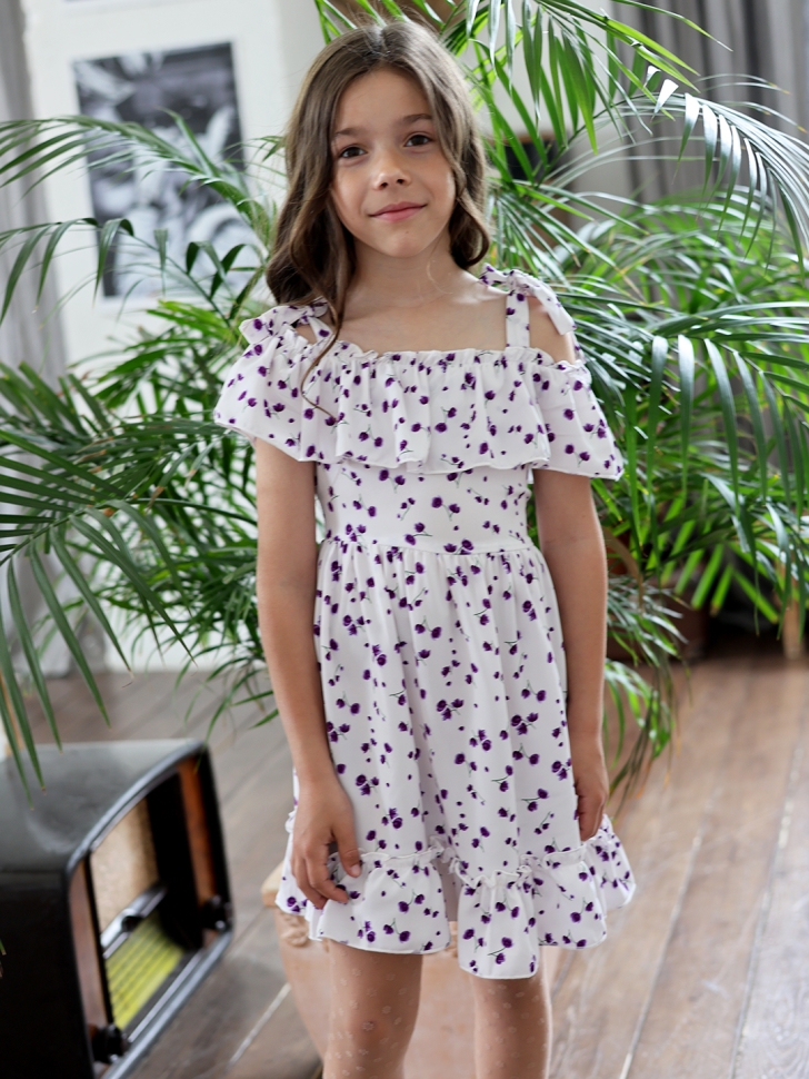 Платье для девочки вискоза БУШОН ST65, цвет белый/сирень цветы