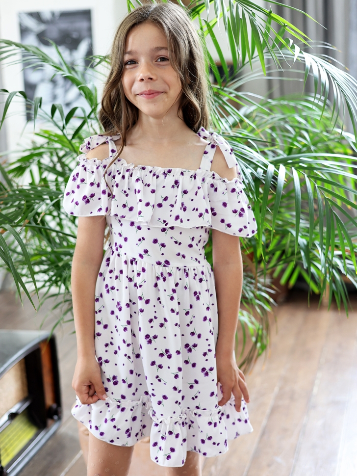 Платье для девочки вискоза БУШОН ST65, цвет белый/сирень цветы