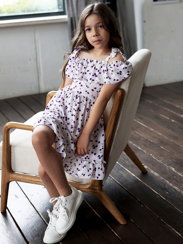 Платье для девочки вискоза БУШОН ST65, цвет белый/сирень цветы