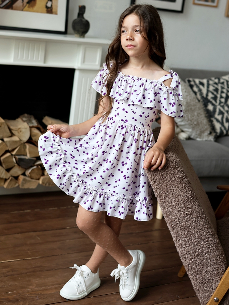 Платье для девочки вискоза БУШОН ST65, цвет белый/сирень цветы