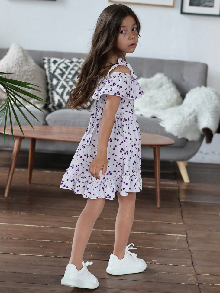 Платье для девочки вискоза БУШОН ST65, цвет белый/сирень цветы