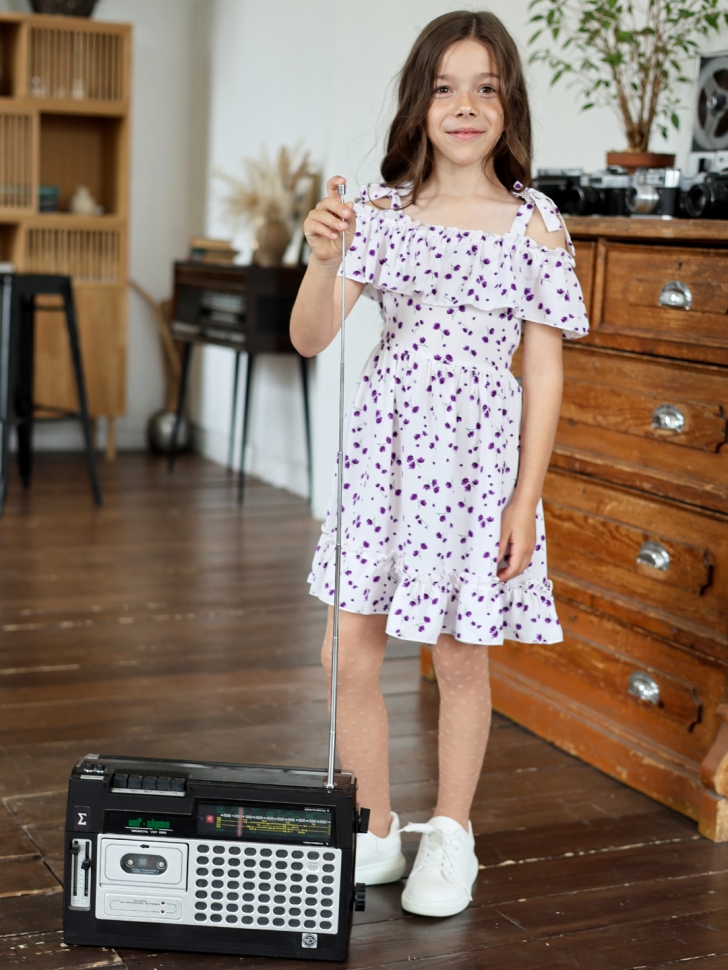 Платье для девочки вискоза БУШОН ST65, цвет белый/сирень цветы