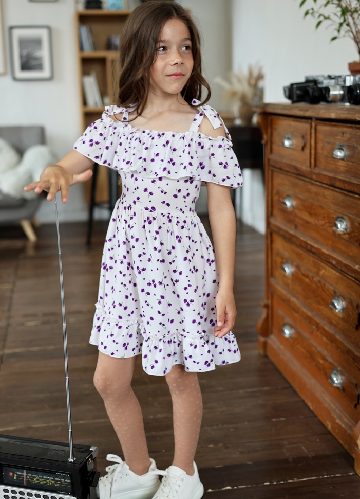 Платье для девочки вискоза БУШОН ST65, цвет белый/сирень цветы