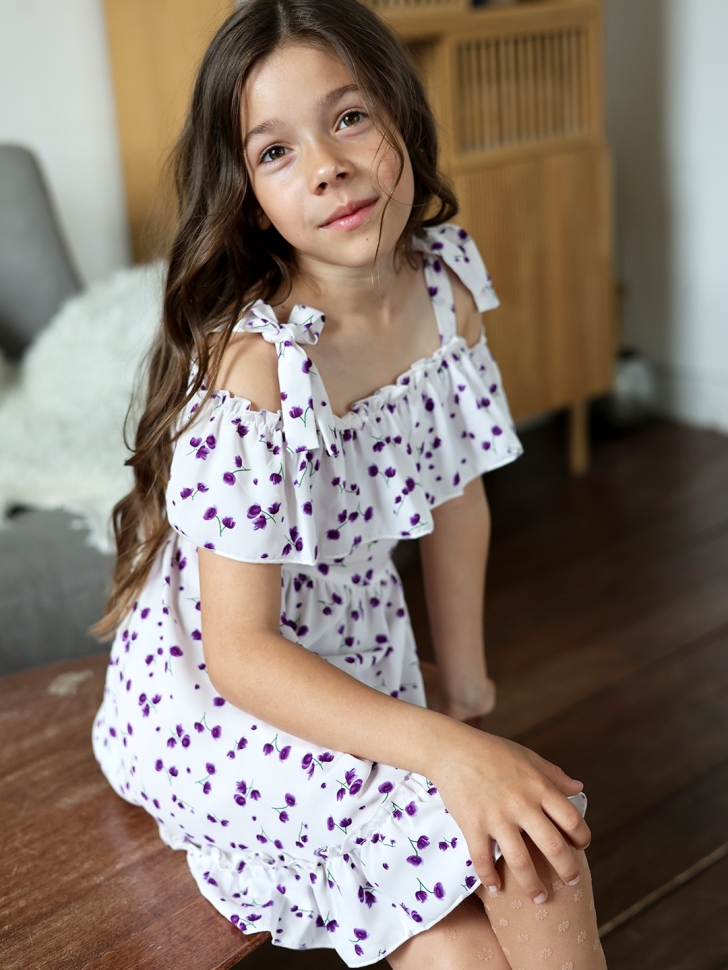 Платье для девочки вискоза БУШОН ST65, цвет белый/сирень цветы