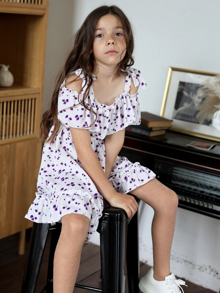 Платье для девочки вискоза БУШОН ST65, цвет белый/сирень цветы