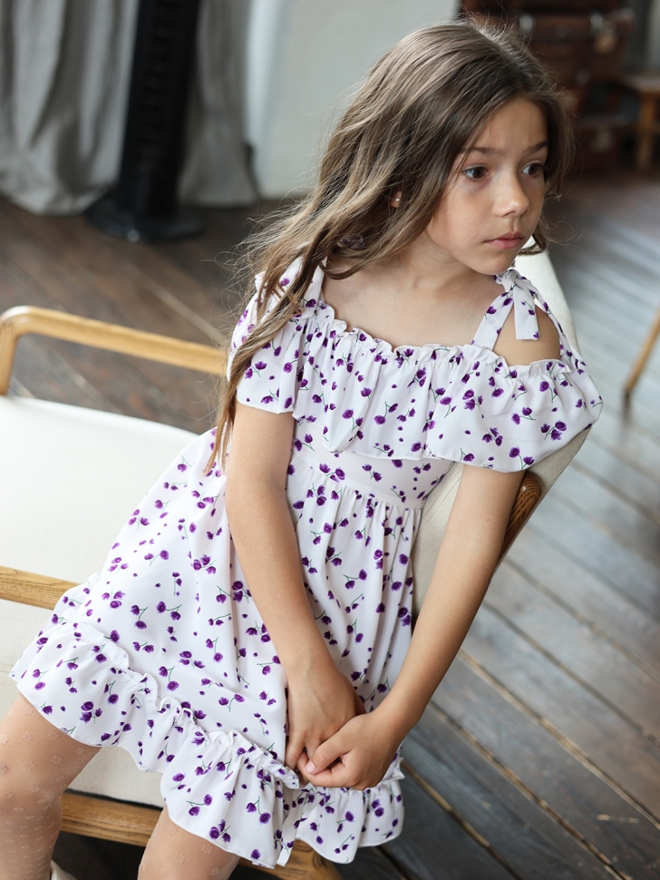 Платье для девочки вискоза БУШОН ST65, цвет белый/сирень цветы