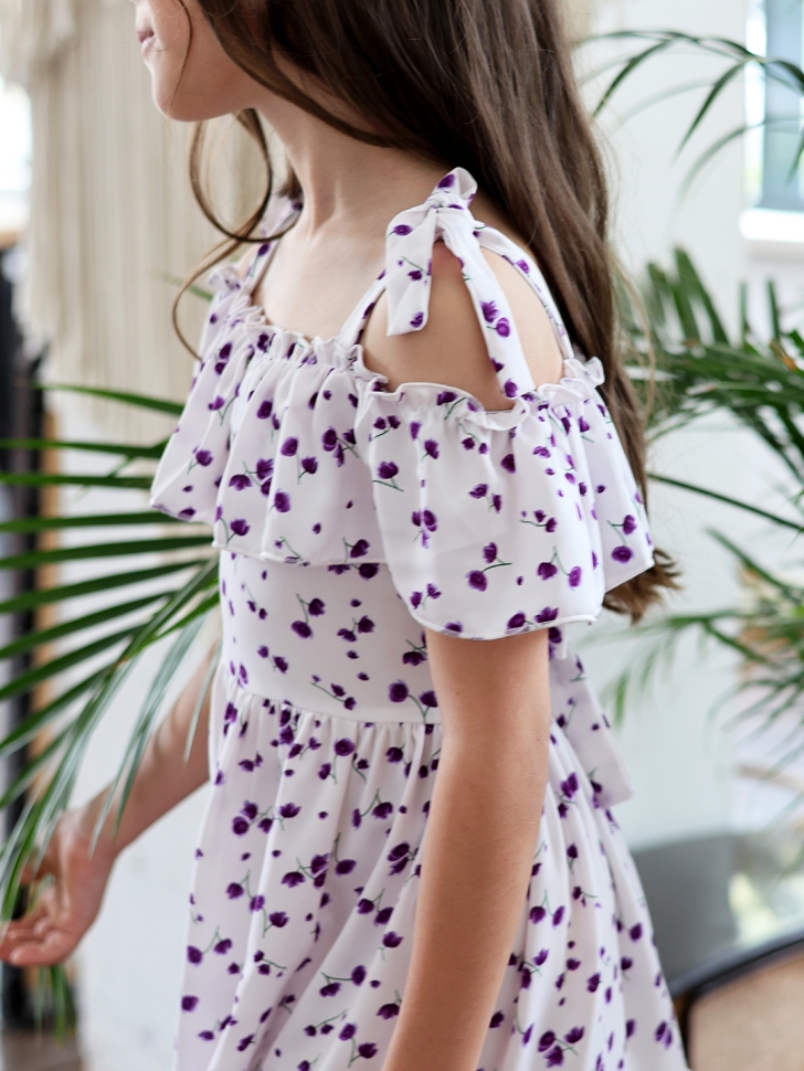 Платье для девочки вискоза БУШОН ST65, цвет белый/сирень цветы