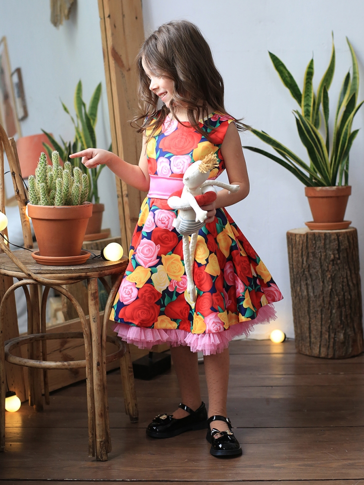 Платье для девочки нарядное БУШОН ST30, стиляги цвет мультиколор, принт цветы