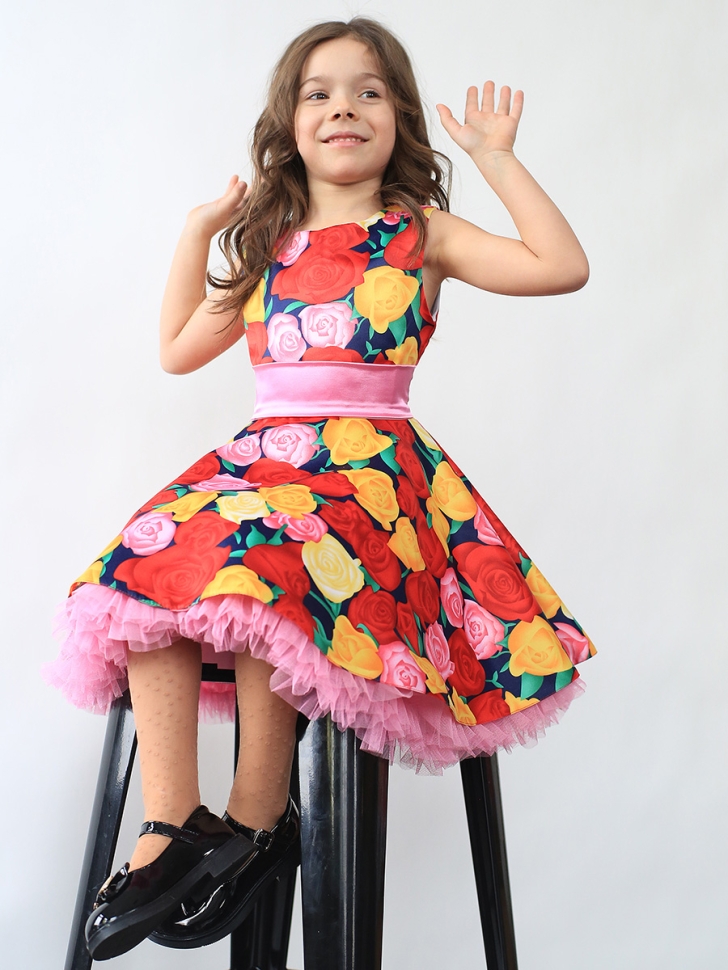 Платье для девочки нарядное БУШОН ST30, стиляги цвет мультиколор, принт цветы