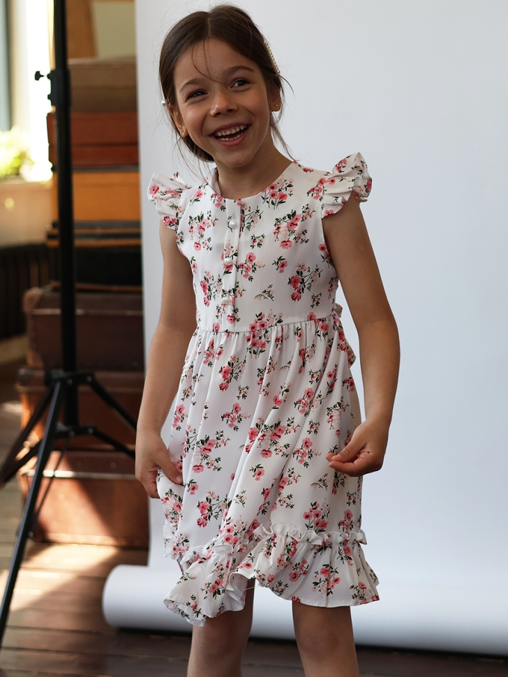 Платье для девочки вискоза БУШОН ST66, цвет молочный/розовый цветы