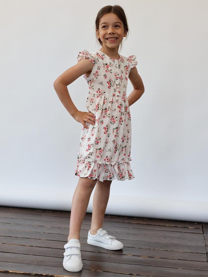 Платье для девочки вискоза БУШОН ST66, цвет молочный/розовый цветы