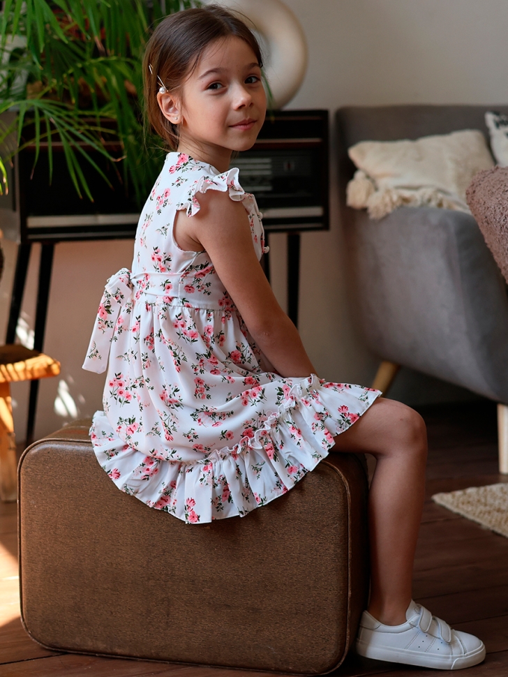 Платье для девочки вискоза БУШОН ST66, цвет молочный/розовый цветы