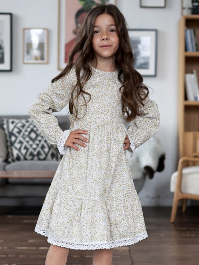 Платье для девочки БУШОН XB88, бежевый/хаки цветы