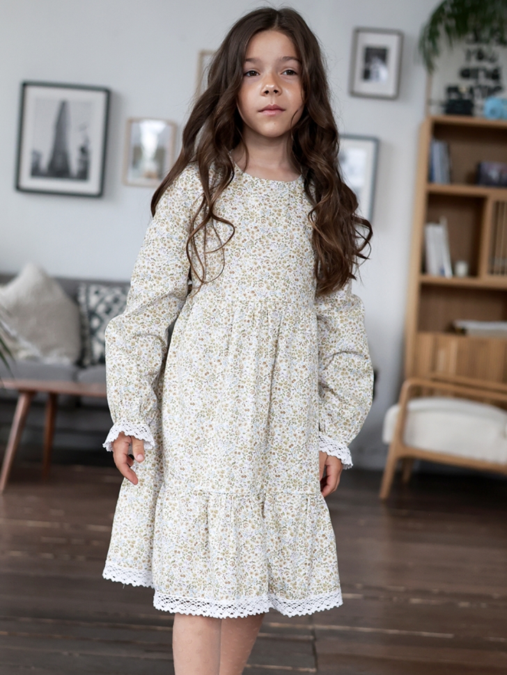 Платье для девочки БУШОН XB88, бежевый/хаки цветы