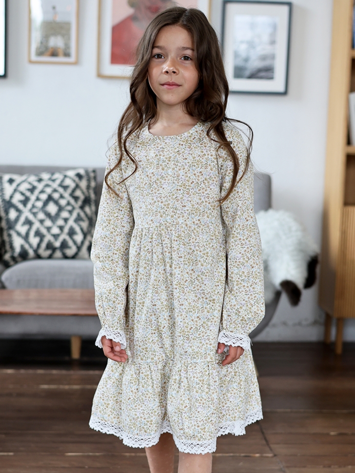Платье для девочки БУШОН XB88, бежевый/хаки цветы