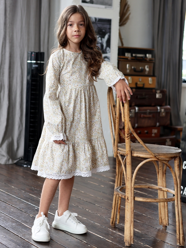 Платье для девочки БУШОН XB88, бежевый/хаки цветы