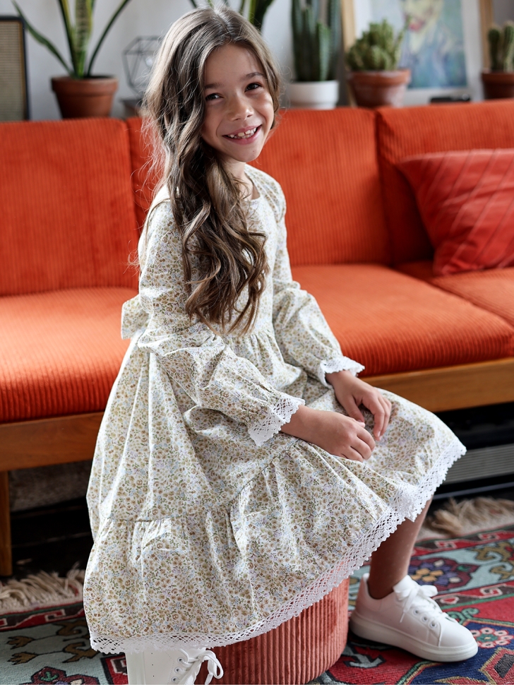 Платье для девочки БУШОН XB88, бежевый/хаки цветы