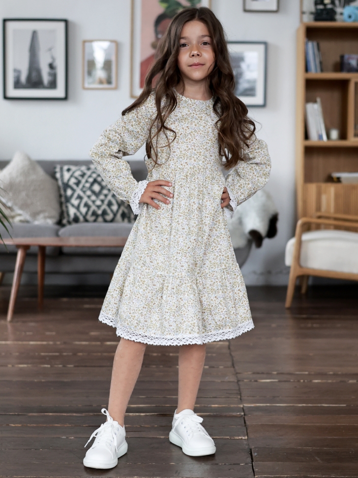 Платье для девочки БУШОН XB88, бежевый/хаки цветы
