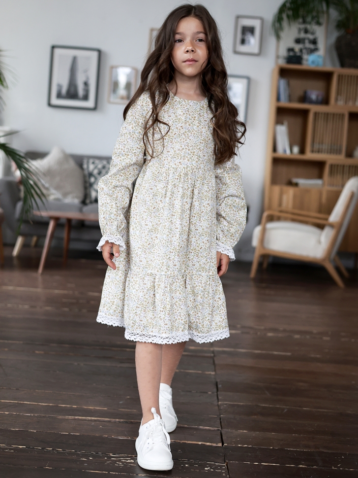 Платье для девочки БУШОН XB88, бежевый/хаки цветы