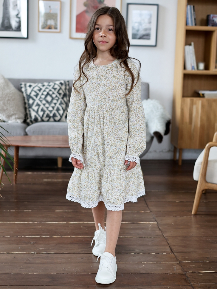 Платье для девочки БУШОН XB88, бежевый/хаки цветы