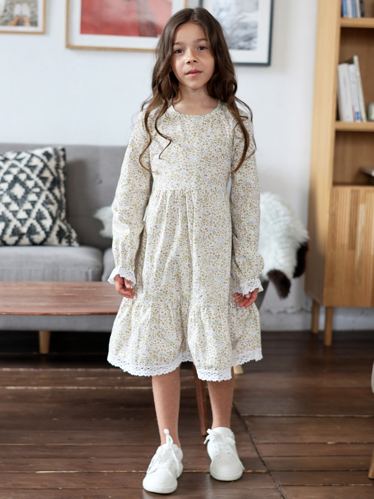 Платье для девочки БУШОН XB88, бежевый/хаки цветы