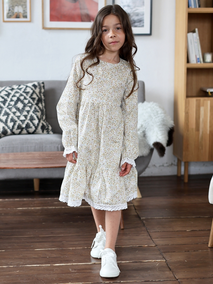 Платье для девочки БУШОН XB88, бежевый/хаки цветы